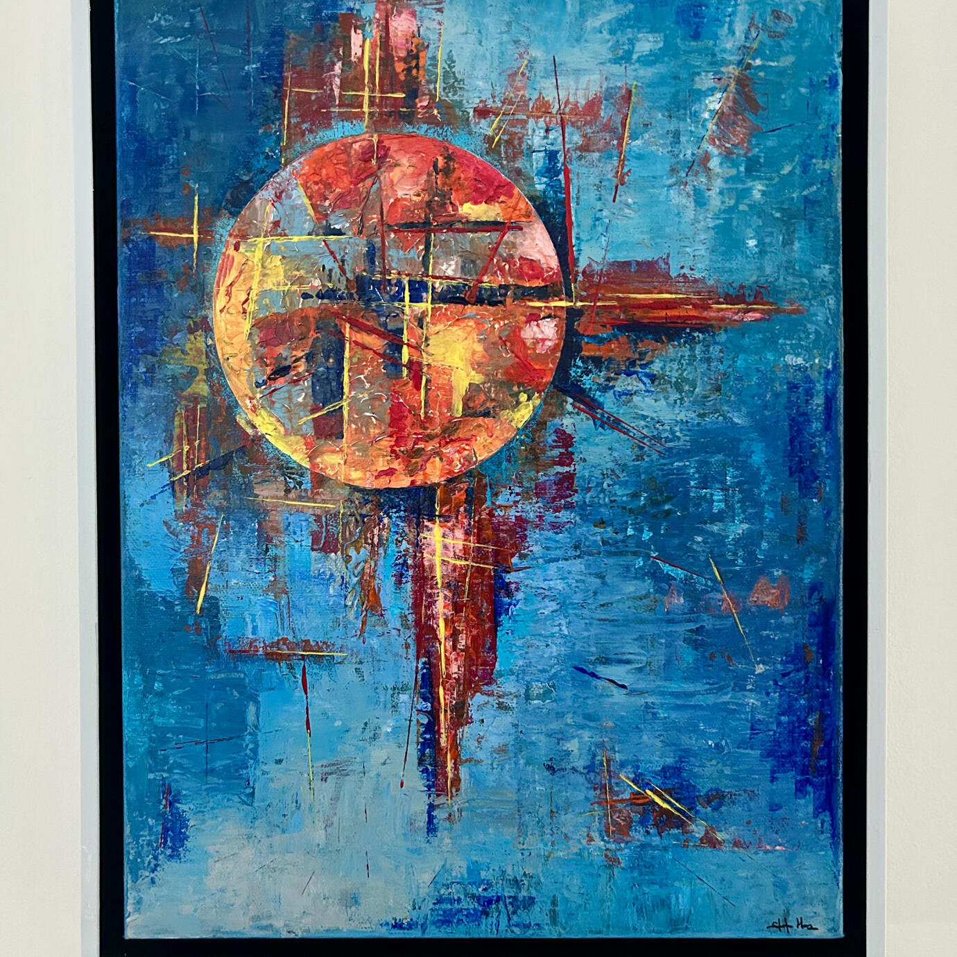 A burst of energy anchored in calm geometry and layered blue tones